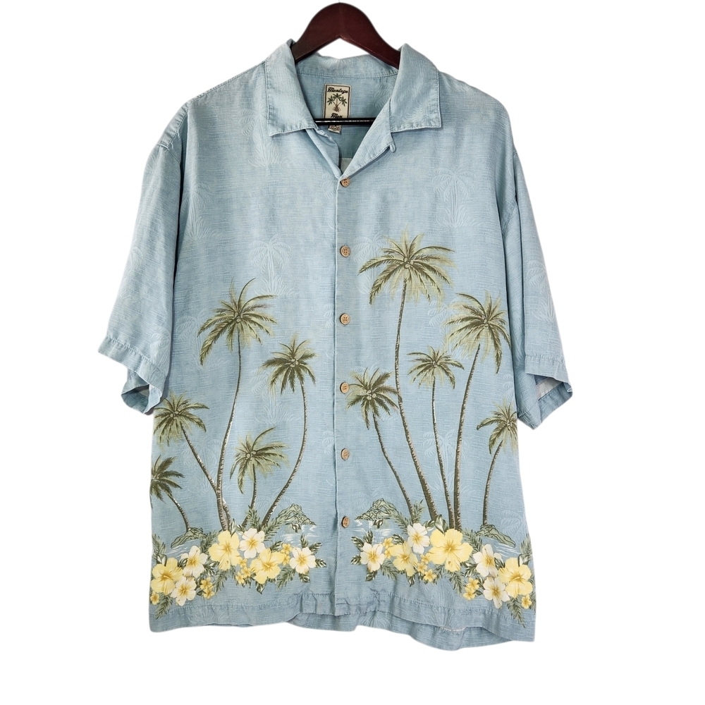 Montego Mon Silk Hawaiian Shirt Men’s Medium Blue Palm Tree Floral Camp Tropical